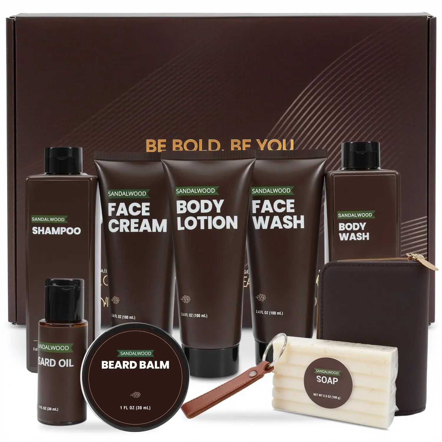 Premium 10-Piece Sandalwood Grooming Kit for Men - Beard Care Set with Bath Wash, Oil & Business Card Case | Father's Day & Birthday Gift for Him, Husband, Dad