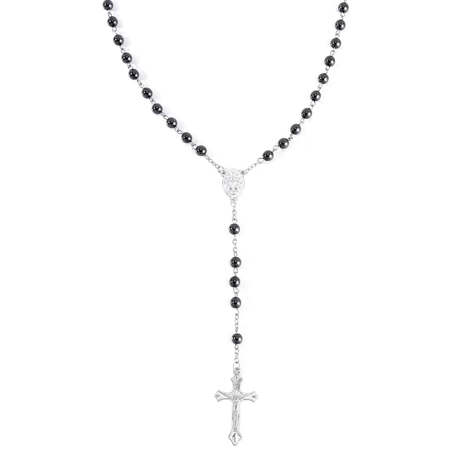 Shop LC Hematite Silvertone Beaded Cross Pendant Beaded Necklace size 26" Ct 147.6 Catholic Faith Christian Religious Valentines Day Jewelry Gifts for Women