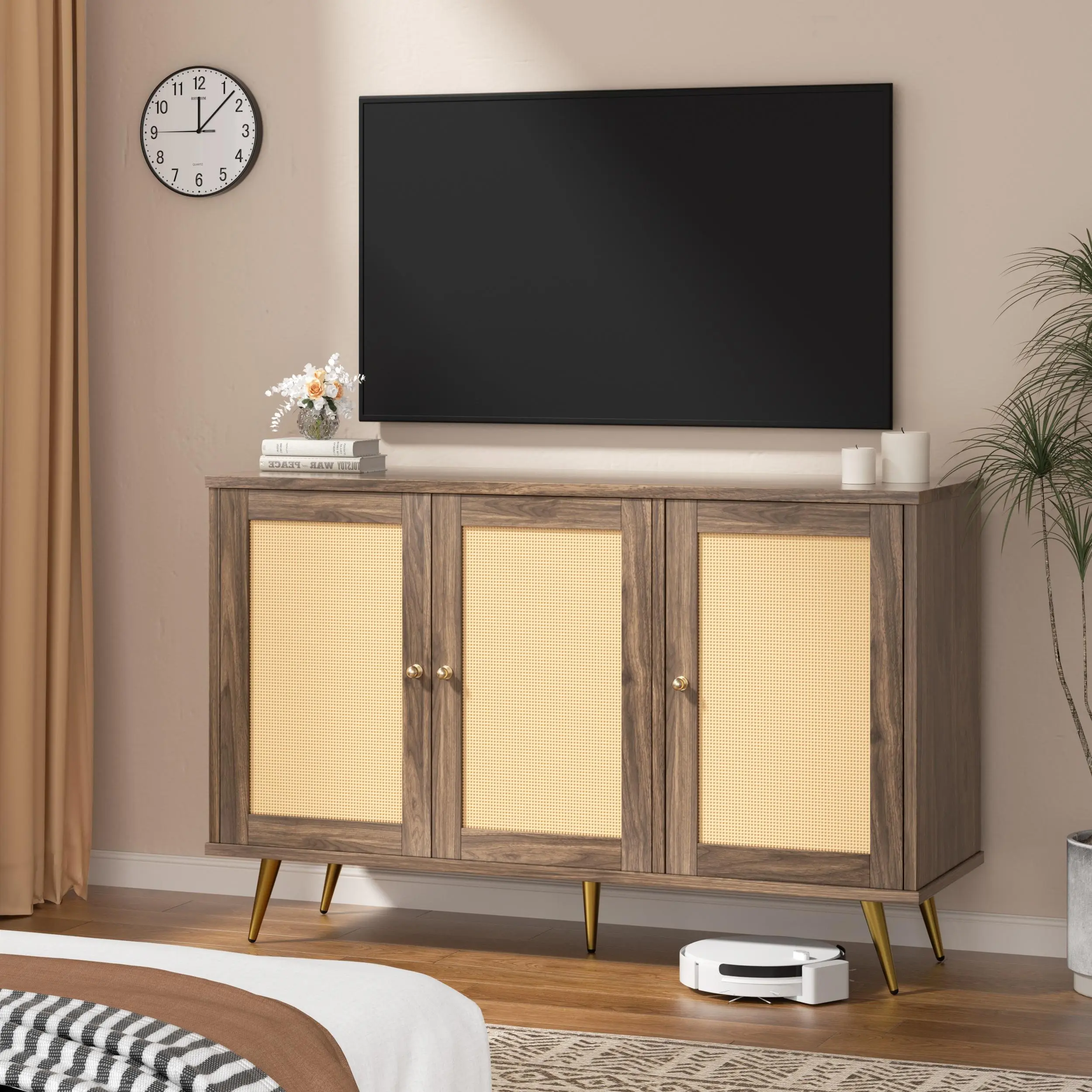 Walsunny Rattan Storage Cabinet, Multifunctional Cupboard, Accent Large Storage Space Cabinet with Rattan Decorated Doors for Living Room, Entryway
