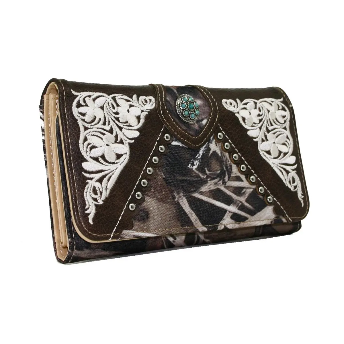 Ritz Cam Leather Wallet - Western Turquoise Concho Accented Western Accessory, 7.5x4.5 in, Magnetic Closure, Multi-Compartment Floral Card Holder, 2 Front Zip Slots, Checkbook Guard, 3 Flat Currency Pockets DIY Specialty Supply, Western Accessories, Bifol