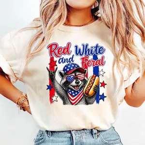 Red White and Feral Shirt, Funny Patriotic Trash Panda Tee, 4th of July Raccoon Shirt, Red White Blue USA Independence Day Tee