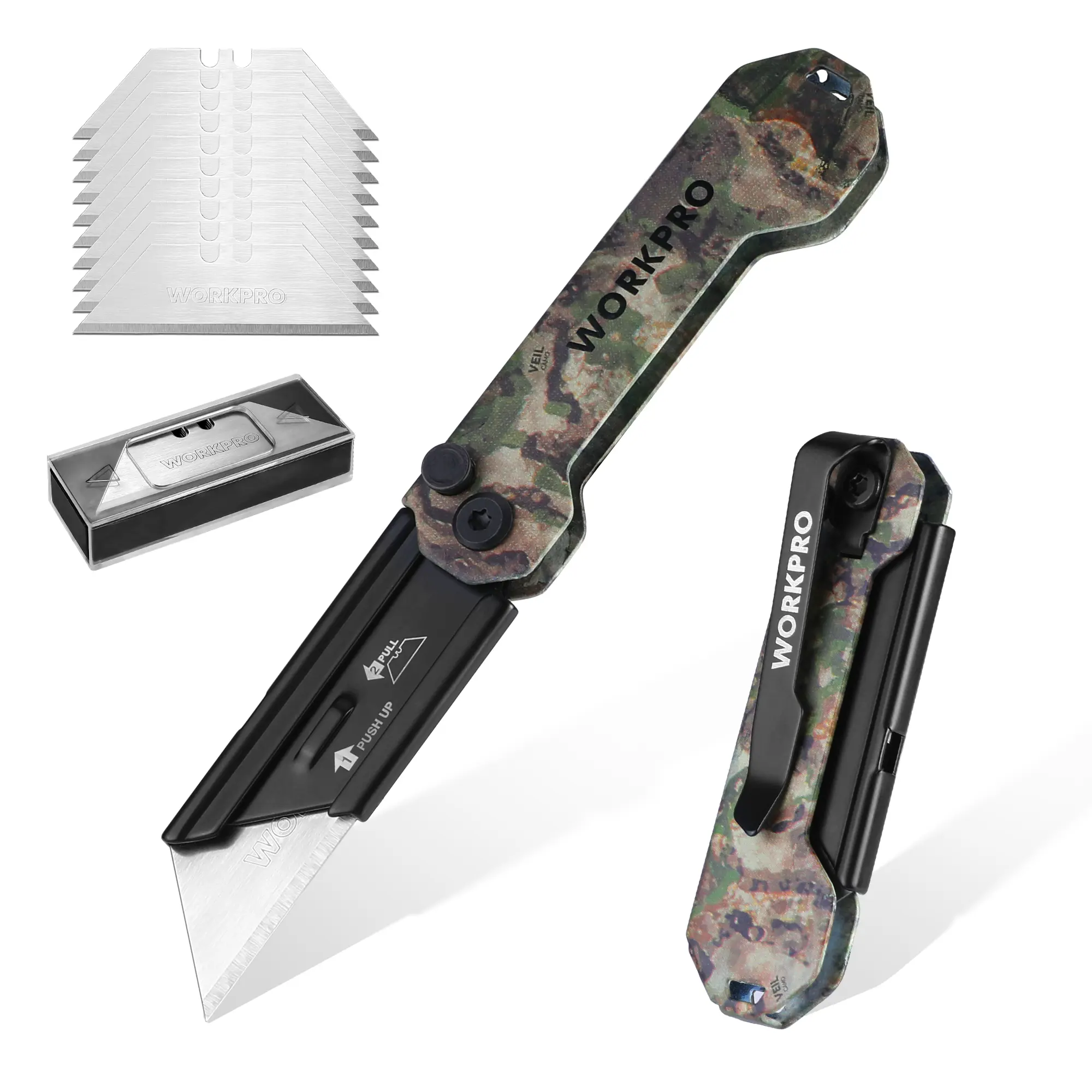 #fathersdaygift WORKPRO EDC Folding Utility Knife, Mini Box Cutter with Quick Open Axis Lock, Quick Change Blade Razor Knife, Foldable Small Pocket Knife with Belt Clip, 1 Pack with 10 Extra Blades