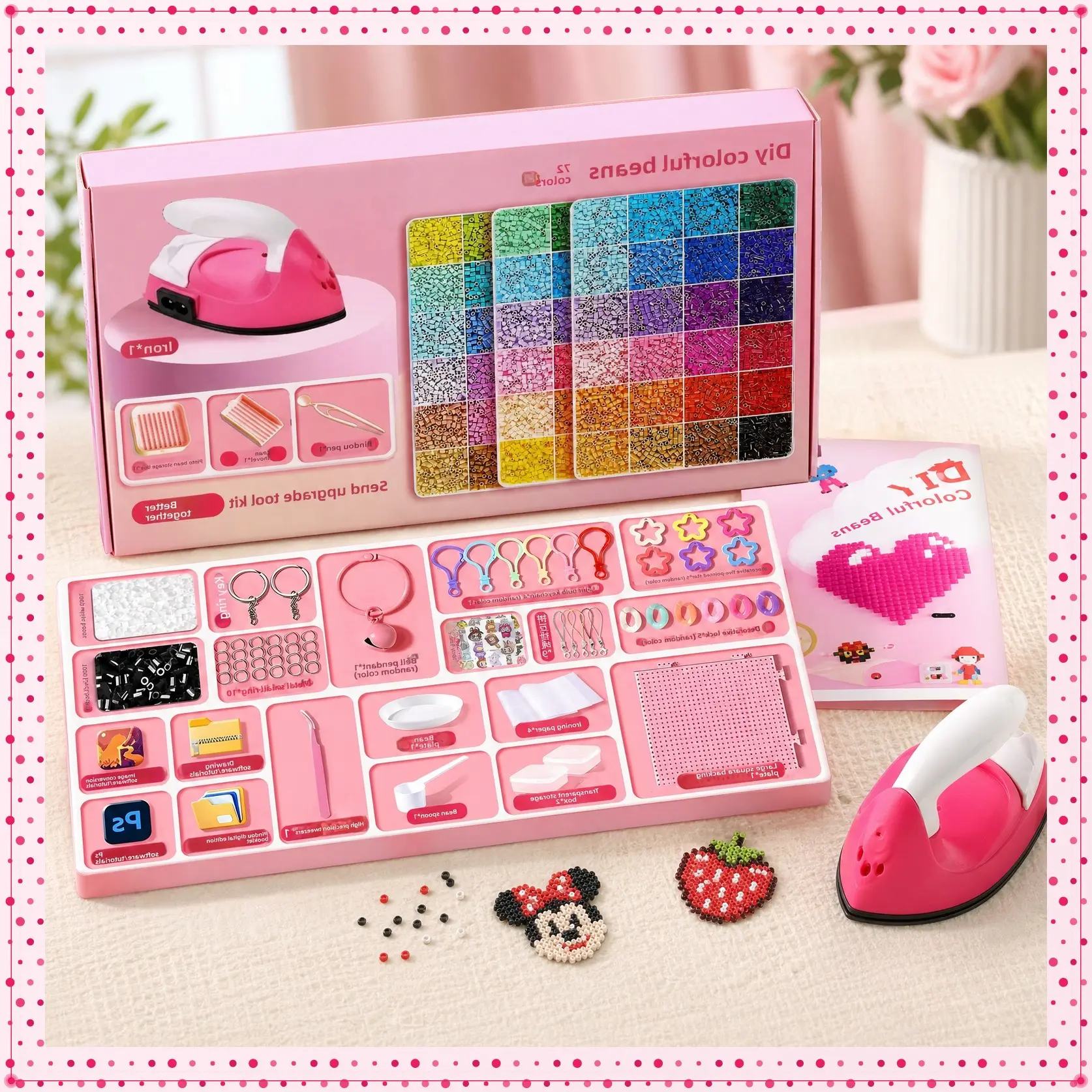 24/48/72-Color Box Set | 38,000+ Pcs + Mini Iron + Upgraded Tool Kit Complete Set of Perler Bead Material Kits Including 2.6mm 3D Perler Beads Fuse Beads Tools DIY Spelled Beans Keychain pendant