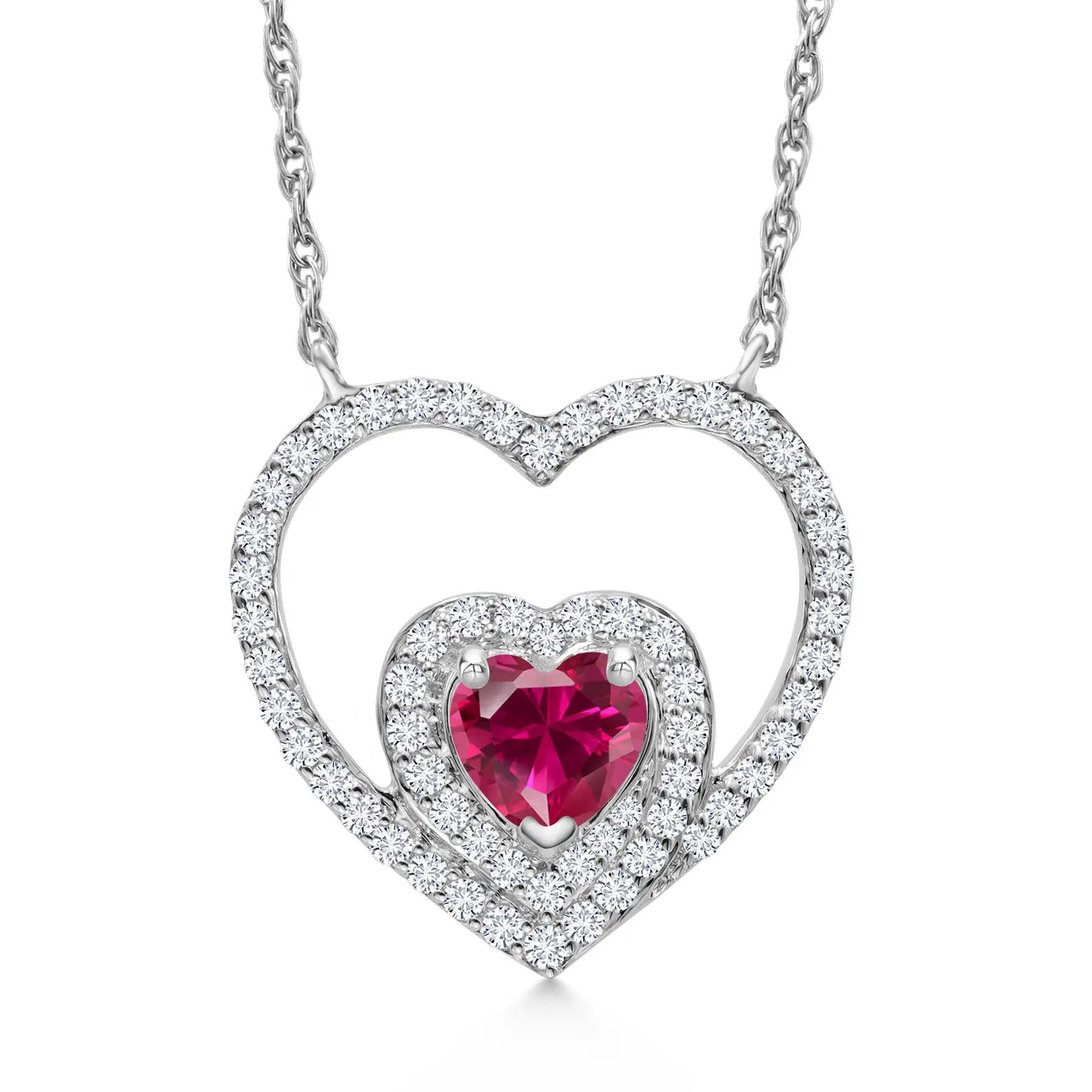 10K White Gold Red Created Ruby and White Lab Grown Diamond Double Pendant Necklace For Women (0.61 Cttw, 4MM Heart Shape, with 18 Inch Chain)