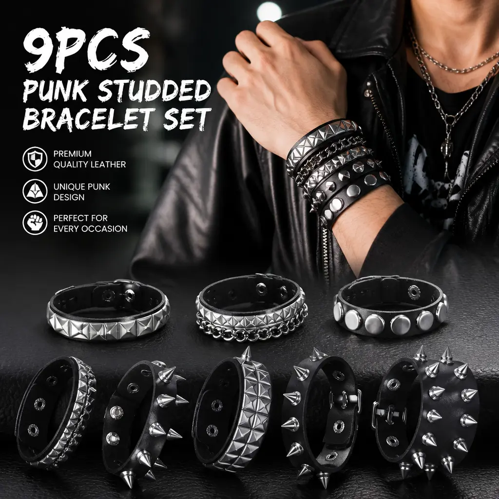 9 Pack Spiked Studded Leather Bracelets – Black Rivet Punk Cuff Wrap Bangle, Y2K Snap Button Wristband for Men Women – Unisex Grunge Accessory