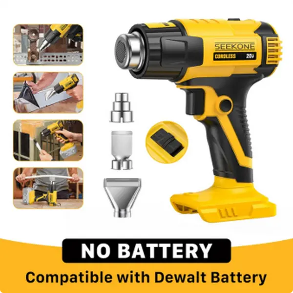 SEEKONE Portable Cordless Ceramic Heat Gun for Dewalt 20V Battery - DIY Home Improvement Power Tool, Dual Temp Settings (572℉, 1022℉), Quick Heating, Convenience, Hands-Free Operation, 3 Nozzles, 3D Print Fixing (No Battery)