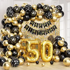 50th Birthday Decorations for Men & Women, Black Gold 50th Banner, Number Balloons Kit