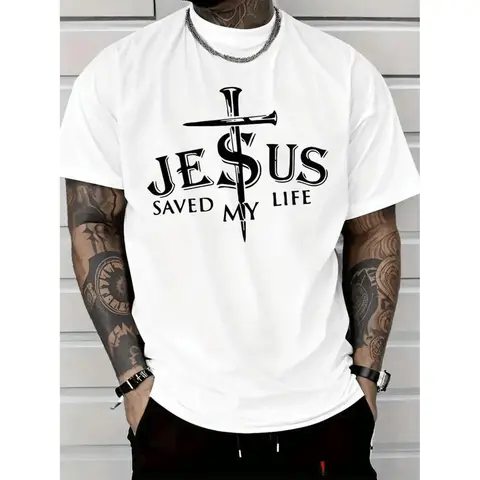 Men's Graphic T-Shirt with Cross Print, a 100% Cotton Relaxed Fit Shortsleeve Top for Casual Menswear