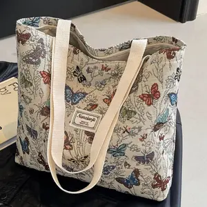 Vintage Style Embroidery Butterfly Floral Design Shoulder Bag for Women Large Capacity Tote Bag with Zip Closure for Shopping Picnic Work Beach Commuter Bag