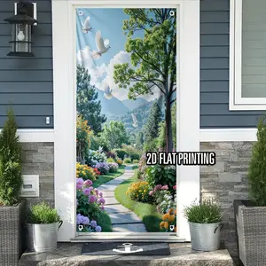 2D flat banner, scene of blooming flowers in spring, front door background, graphic hanging seasonal doorplate banner, party decorations, dyz