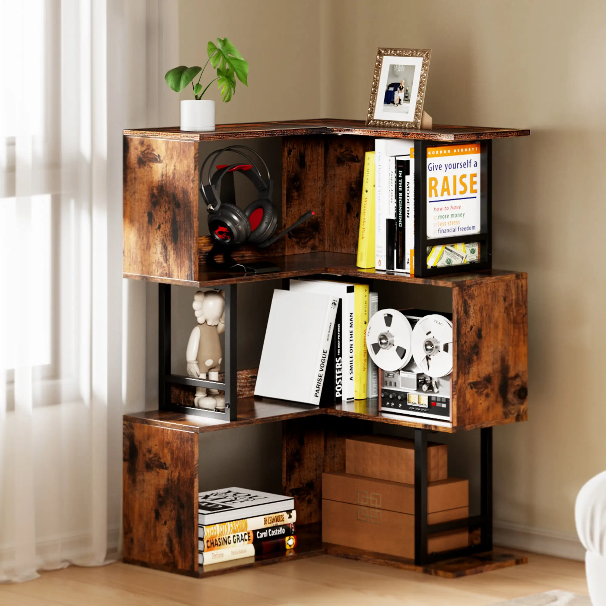 Space-Saving Elegance: Decofy 3-Tier Corner Bookcase in Premium Wood for Home and Office