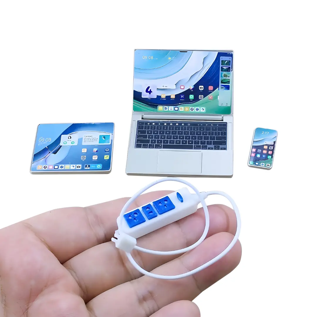 4Pcs 1:6 Scale Titanium Mini Tech Set – Realistic Metal Phone, Tablet, Laptop & Case – Dollhouse Decor & Unique Father’s Day Gift Idea