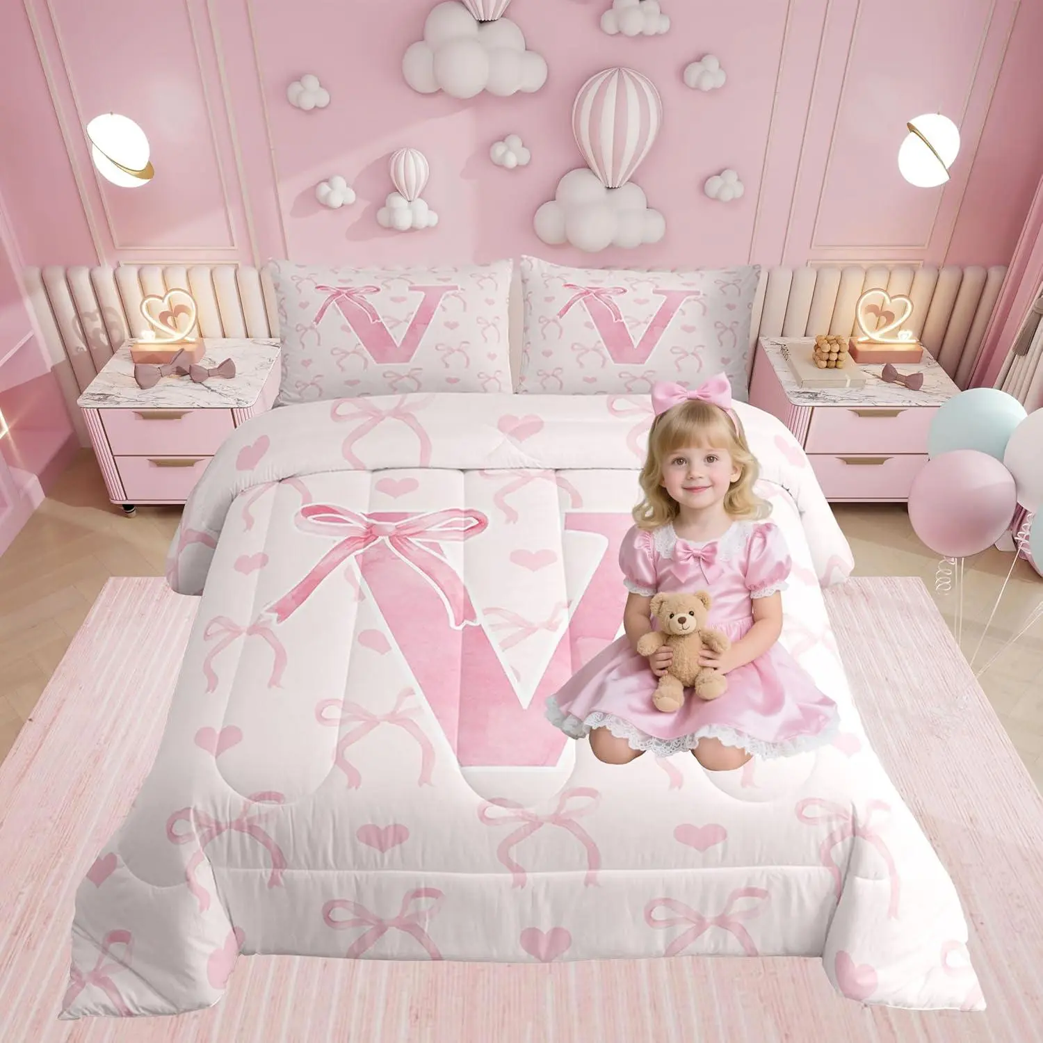 Pink Butterfly Knot Comforter Set for Women Teen Girls Geometric Alphabet V Bedding Set,Gifts Love Hearts Comforter Soft Dreamy Girly Fairy Room Decor Cute Bowknot Duvet Quilt
