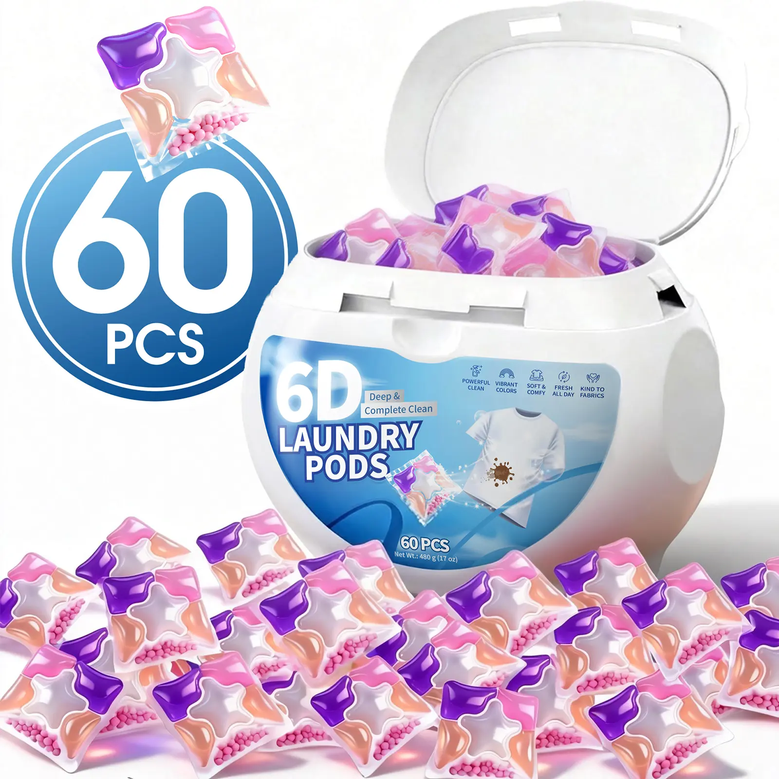 60 Pack 6-in-1 Laundry Clean Pods, Stain Fight Power Laundry Pods with Odor Removal Wash, Brightening & Long-Lasting Fresh Scent, Quickdissolve Capsules for Cold/Hot Wash, Safe for HE & Standard Machines