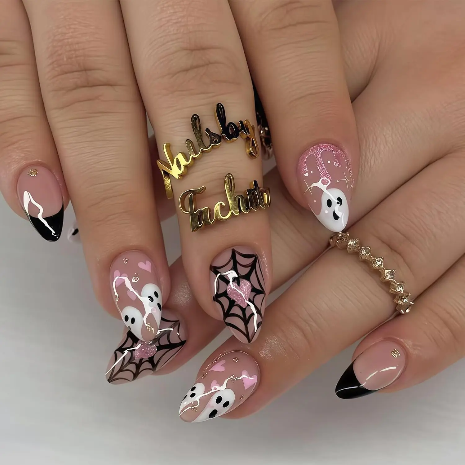 Halloween Press on Nails Black French Tip - Short Almond Fake Nails Cute Ghost & Heart Spider Web Designs Glue on Nails Halloween Press on  Stick on for Women Manicure