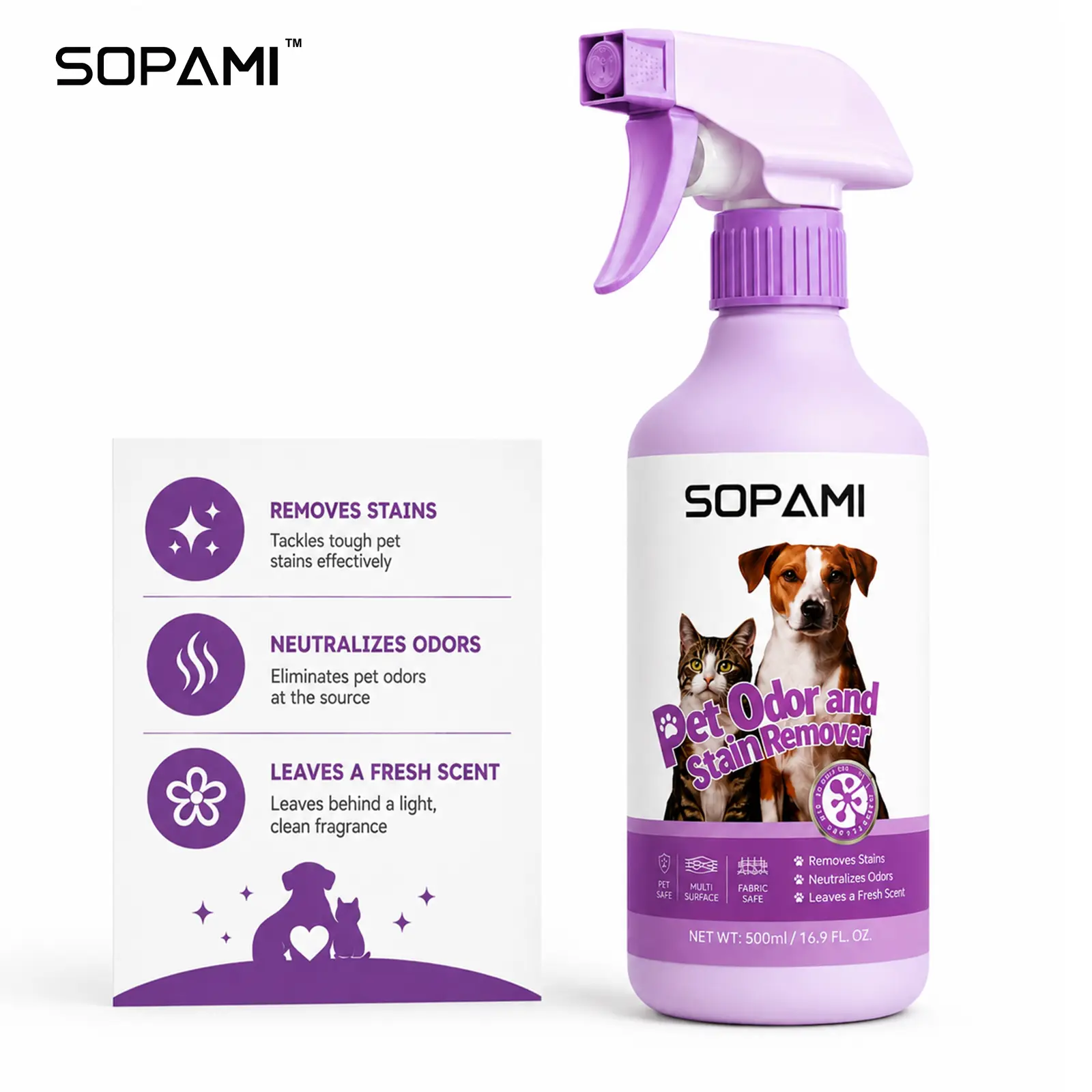 SOPAMI Pet Odor Eliminator & Stain Remover Spray - Powerful Urine Cleaner for Carpet, Sofa, Home Surfaces, Effective for Dog & Cat Smells