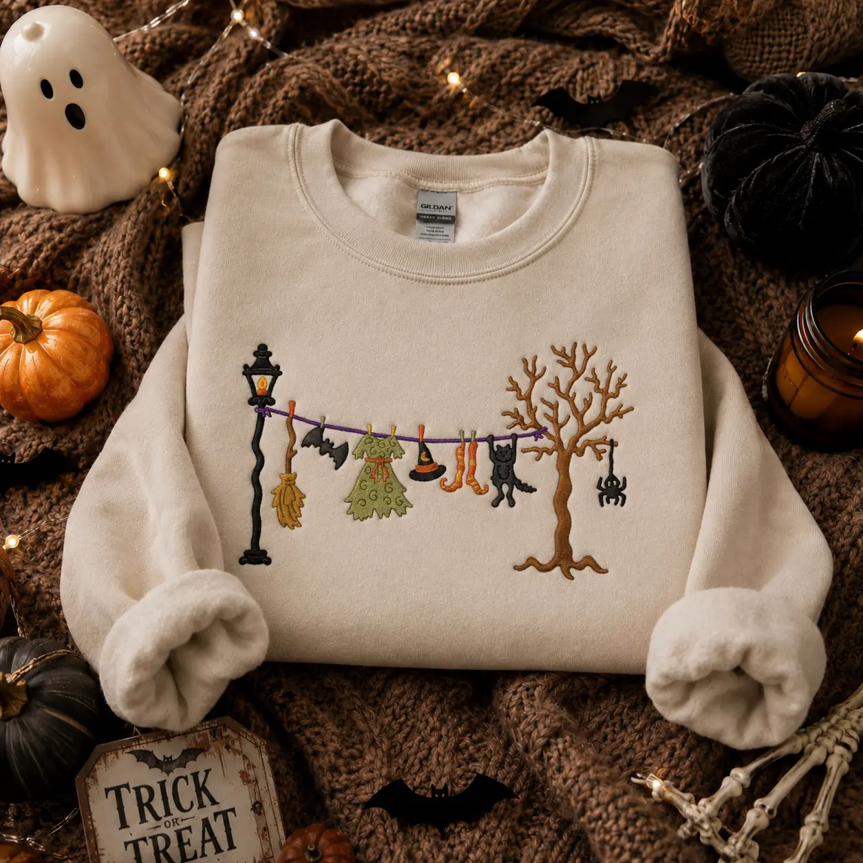 Halloween Embroidered Sweatshirt, Spooky Clothesline Sweatshirt, Witch Laundry Crewneck, Cute Ghost Halloween Shirt, Fall Embroidery Sweatshirt, Gildan Crewneck Gift