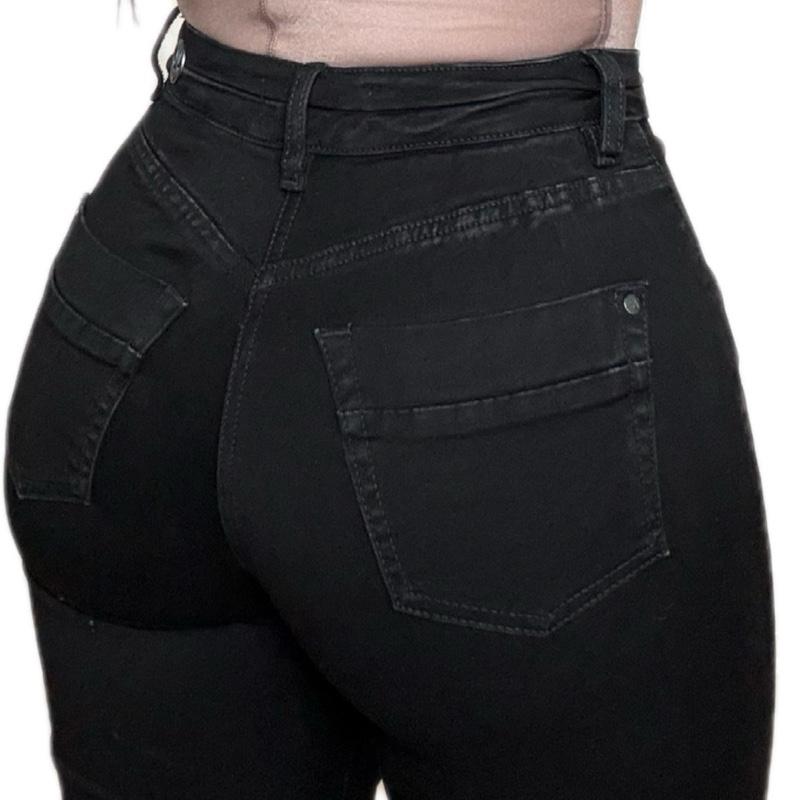 Jean Sienna Noir Stretch Colombian High-Waisted Flare Jeans for Women Black Campana Style with Double Front Buttons Soft Stretch Fabric