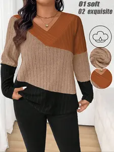 Women's Plus Size V Neck Long Sleeve Soft Knit Top, American Casual Vintage Style, Colorblock Patchwork, Cross V Neck Design, Knitwear