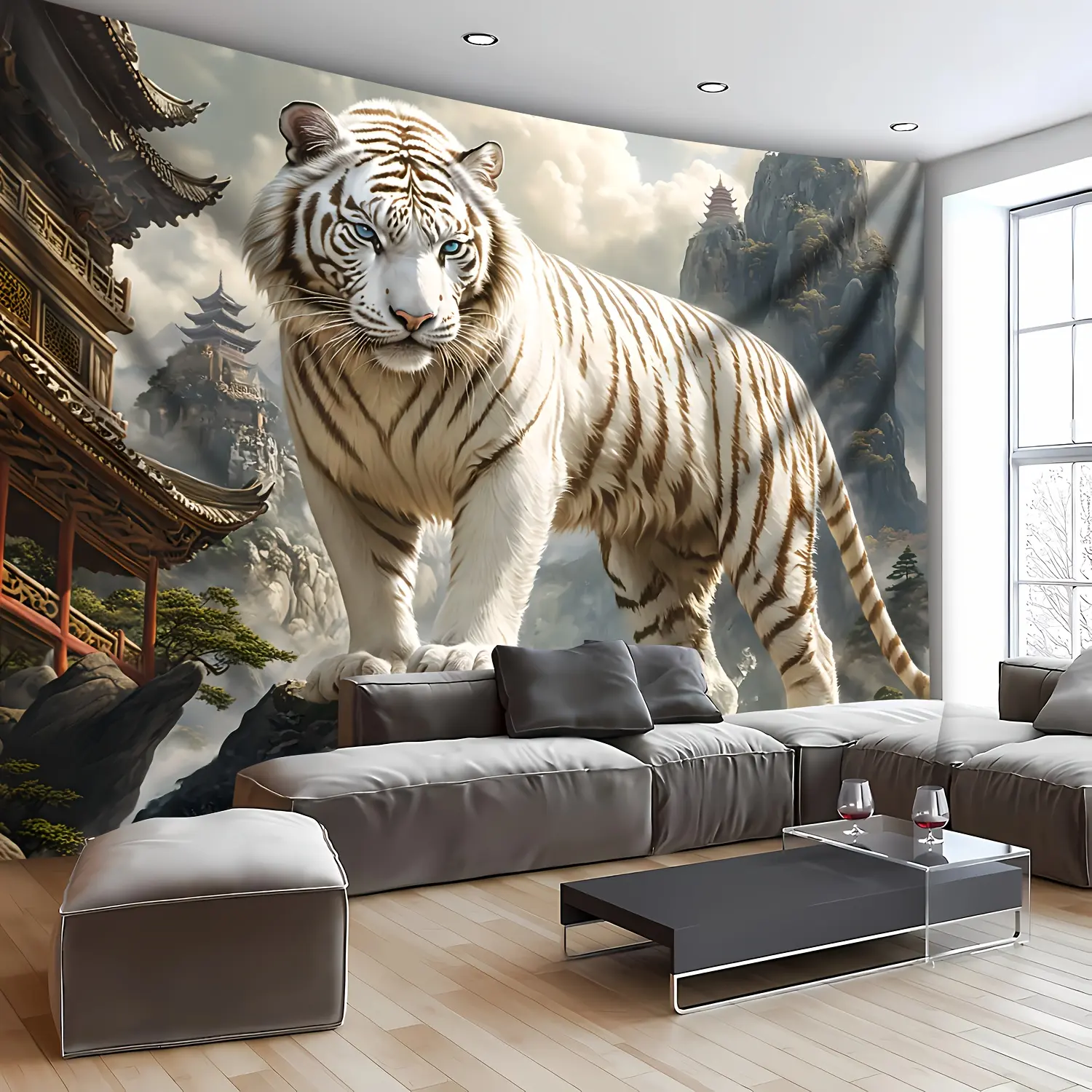 1-Piece Vibrant Animal White Tiger Scenic Art Synthetic Polyester Tapestry - Home Inspo Room Art Home Decor Wall Hanging for Living Room, Bedroom - Easy Installation, No Power Required, Hangable