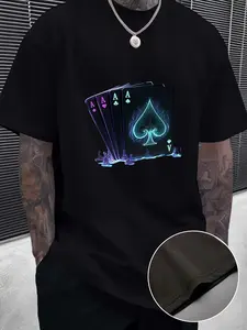 Poker A With Shining Heart Shaped Pattern Printed, Men's Round Neck Short Sleeved T-shirt, Casual, Comfortable And Lightweight Top For Summer Daily Wear