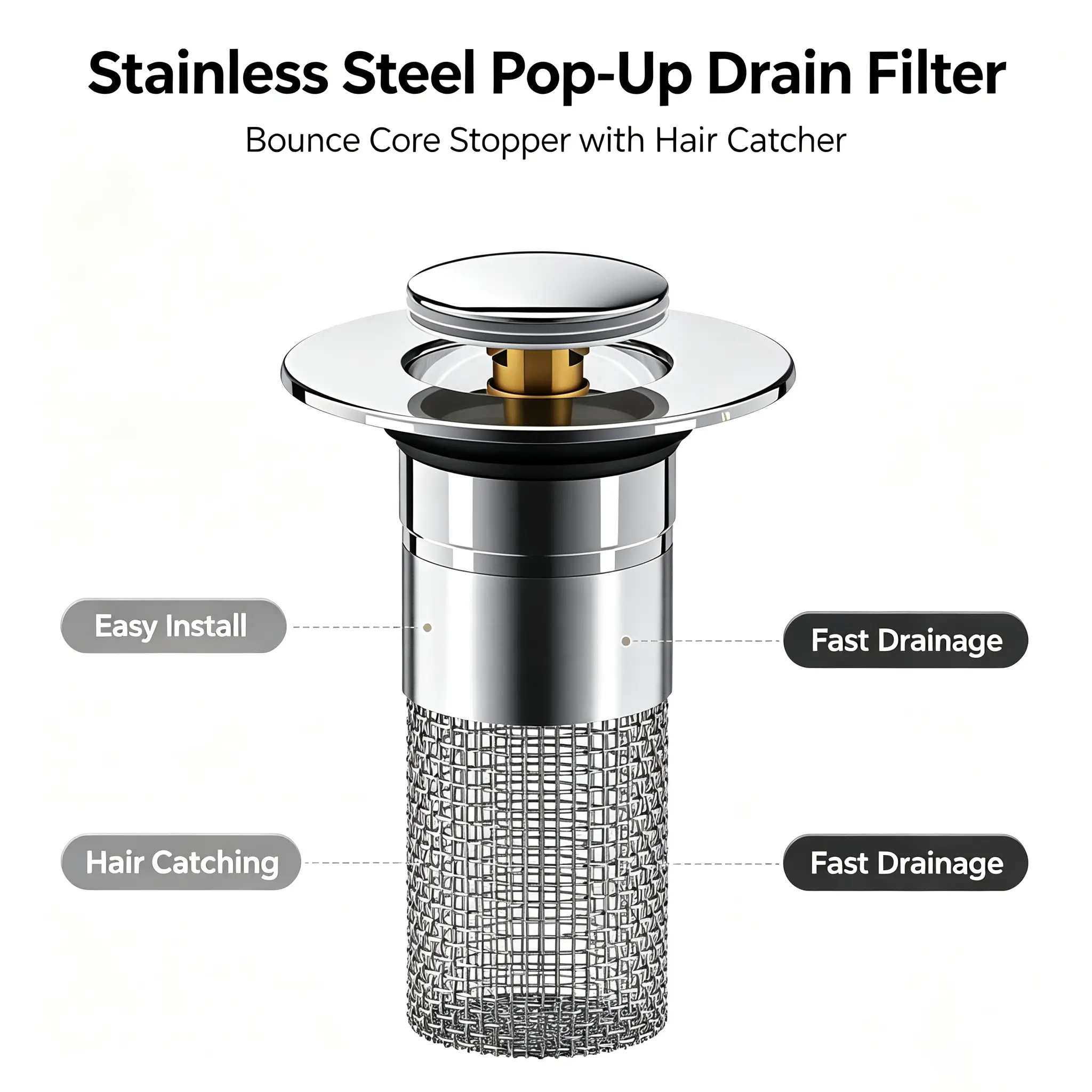 Stainless Steel Modern Rustproof Mesh Tub Drain Stopper with Bouncing Core & Brass Pop-Up Plug, Universal Fit for US Bathroom Sinks, Bathtubs, Showers & Floor Drains