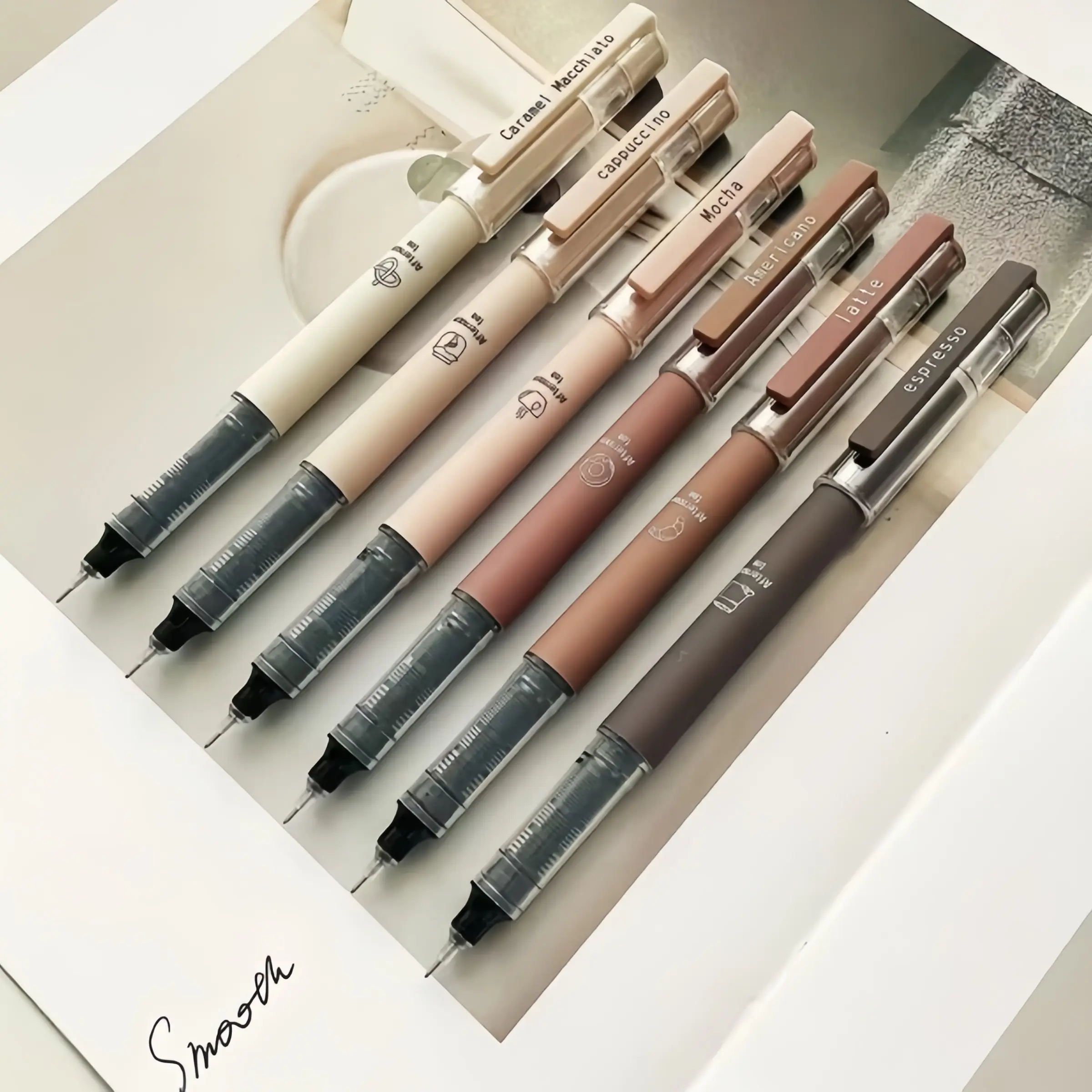 6/12-piece coffee-themed liquid quick-drying gel pens, anti-bleeding soft-touch pens, suitable for note-taking, drawing, school and work supplies, smooth writing, quick-drying work accessories, elegant pens, Stationery Supplies, Rollerball Pen Set