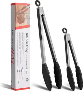 Kitchen Tongs with Silicone Tips - Stainless Steel Heat-Resistant BBQ Tongs Set, Non-Scratch for Nonstick Pans, 10& 13 Inch, Pull Lock Design Utensils