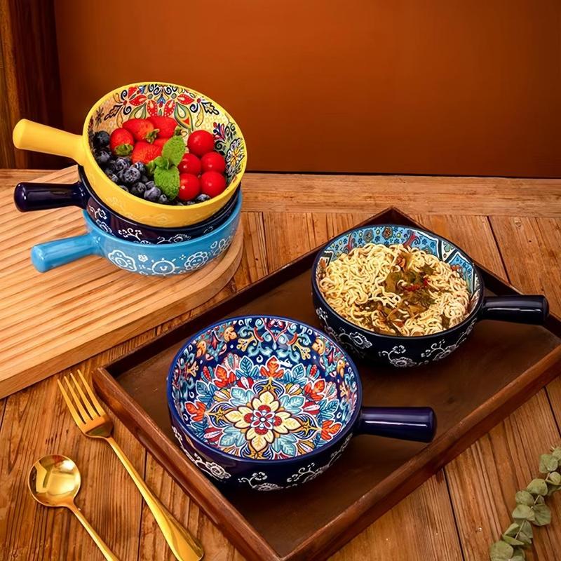 Boho Style Ceramic Salad Serving Bowls with Handle, 2 Counts/set Colorful Flower Pattern Bowl, Microwave & Oven Safe Bowl for Home Baking & Serving, Dinnerware