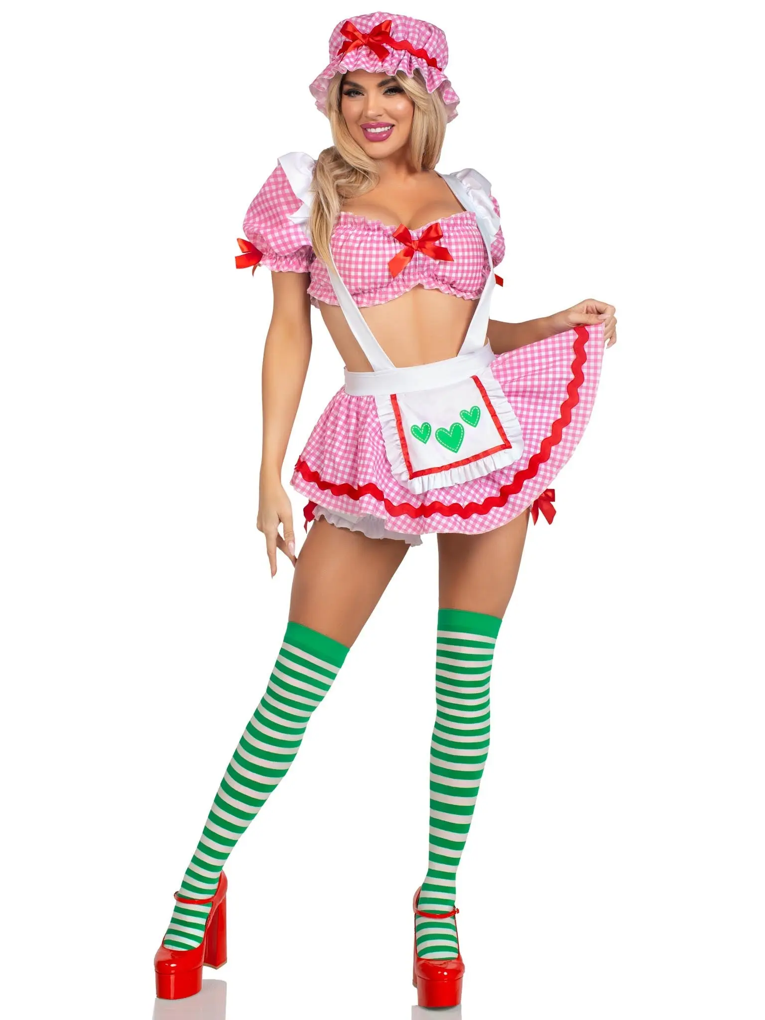 Leg Avenue Strawberry Babe Costume - Pink Gingham Crop Top, Suspender Skirt, & Bonnet - Cute Halloween & Cosplay Outfit for Women