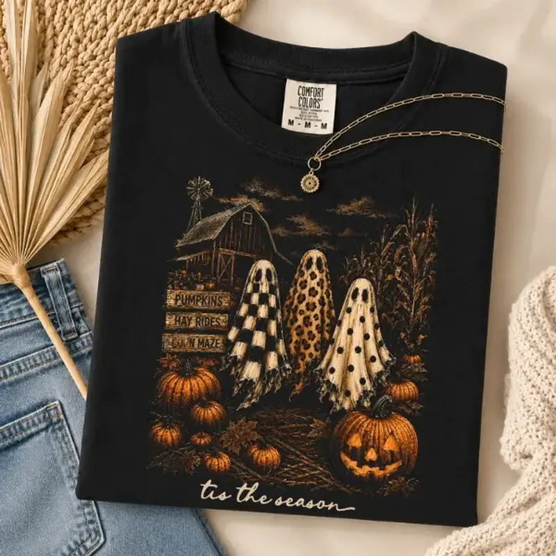 Unisex Smooth Graphic Sports Top - Comfort Colors Halloween Ghost Print, Vintage Pumpkin Patch Design, Fall Hay Ride Fabric, Spooky Season Everyday Gift