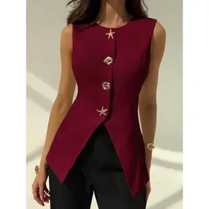 Women's Round Neck Slimming Waist Vest with Metal Buttons, Sleeveless Casual Top, Versatile Fit for All Occasions
