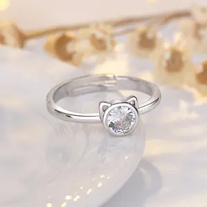 Silver Color Stainless Steel Simply CZ Cat Rings for Women Personality Cute Cat Open Ring Creative Jewelry Party Gift