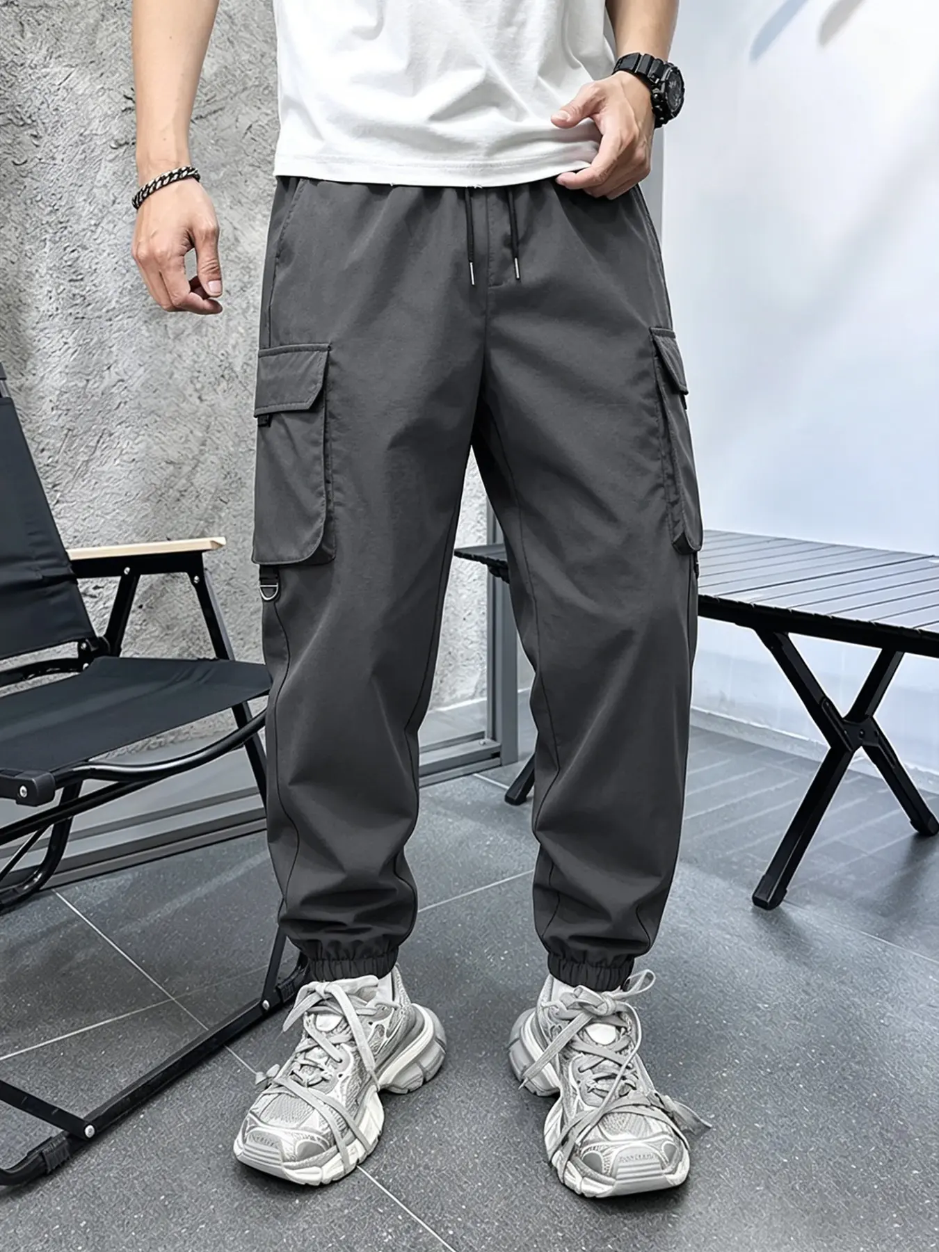 Men's Casual Workwear Pants, Pocket, Anti-Wrinkle Material, Drawstring Waist, Long Fit, All-Season Wear, Ideal for Daily Use & Leisure, Adjustable Waist Pants