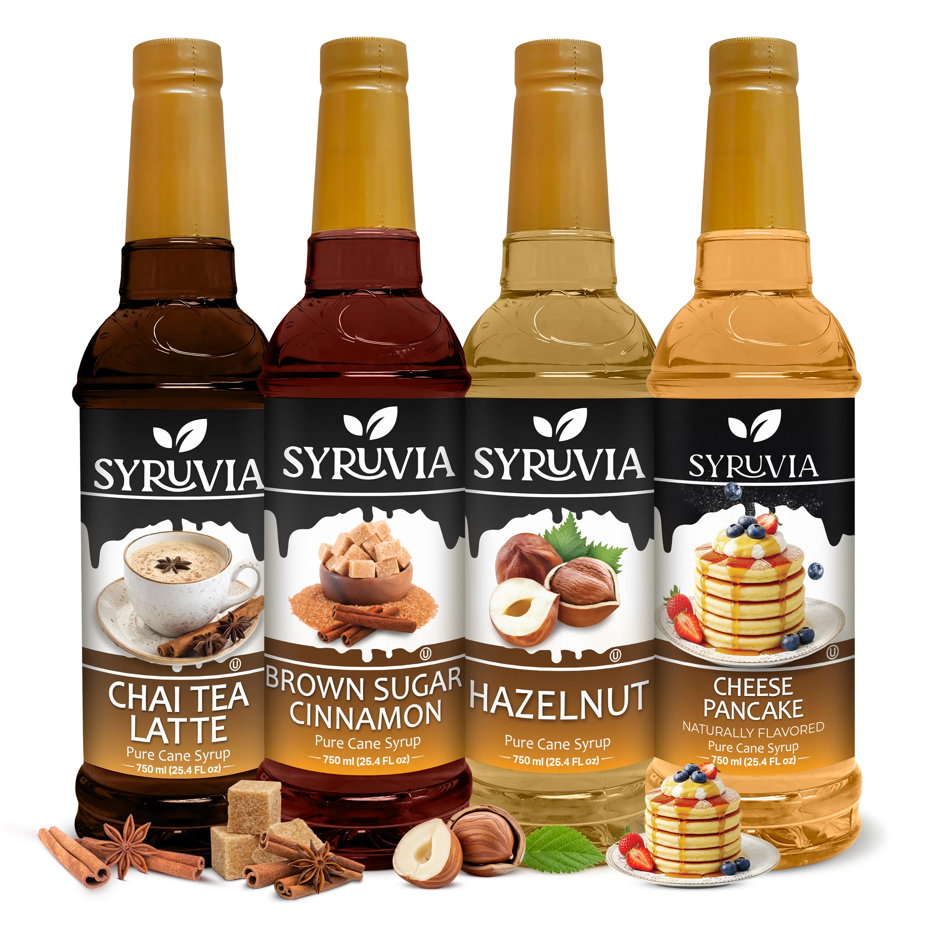 Syruvia Warm & Sweet Flavor Collection – Chai Tea Latte, Brown Sugar Cinnamon, Hazelnut & Cheese Pancake Flavored Syrup – Perfect for Coffee, Desserts & More – 25.4 Fl oz (4 Pack)