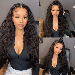 Black Long Water Wave Synthetic Lace Front Party Use Long Blonde Curly Synthetic Lace Front Wig with Realistic Hairline Natural Black Curly Lace Front Wig Synthetic Heat Resistant Wig 24 Inch