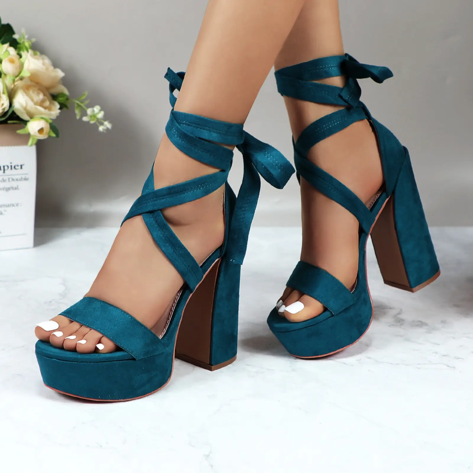 Women's Platform Lace-up High Heels Sandals Suede Strappy Chunky Block Heel  Open Toe Footwear 5.51-inch Heeled Elegant Girl Summer Casual Dress Shoes  for Wedding Party Prom DB - TikTok Shop