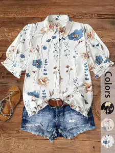 Women's Floral Print, Casual Boho Cottagecore Blouse Short Sleeve Top for Summer, Ladies Clothes for Daily Wear