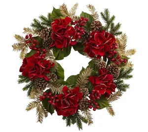 Nearly Natural 24-in Hydrangea Pine Wreath