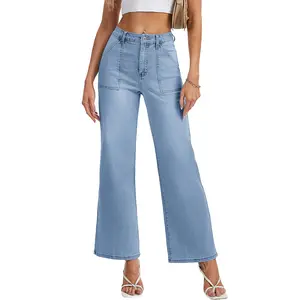 Magcomsen Wide Leg Jeans for Women High Waisted Straight Leg Jeans Stretchy Denim Pants Baggy with Patch Pockets 2025