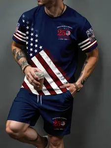 Men's Two-Piece Set, Round Neck Short Sleeve T-Shirt & Drawstring Shorts, Vintage Flag Print, Loose Fit, Summer Casual