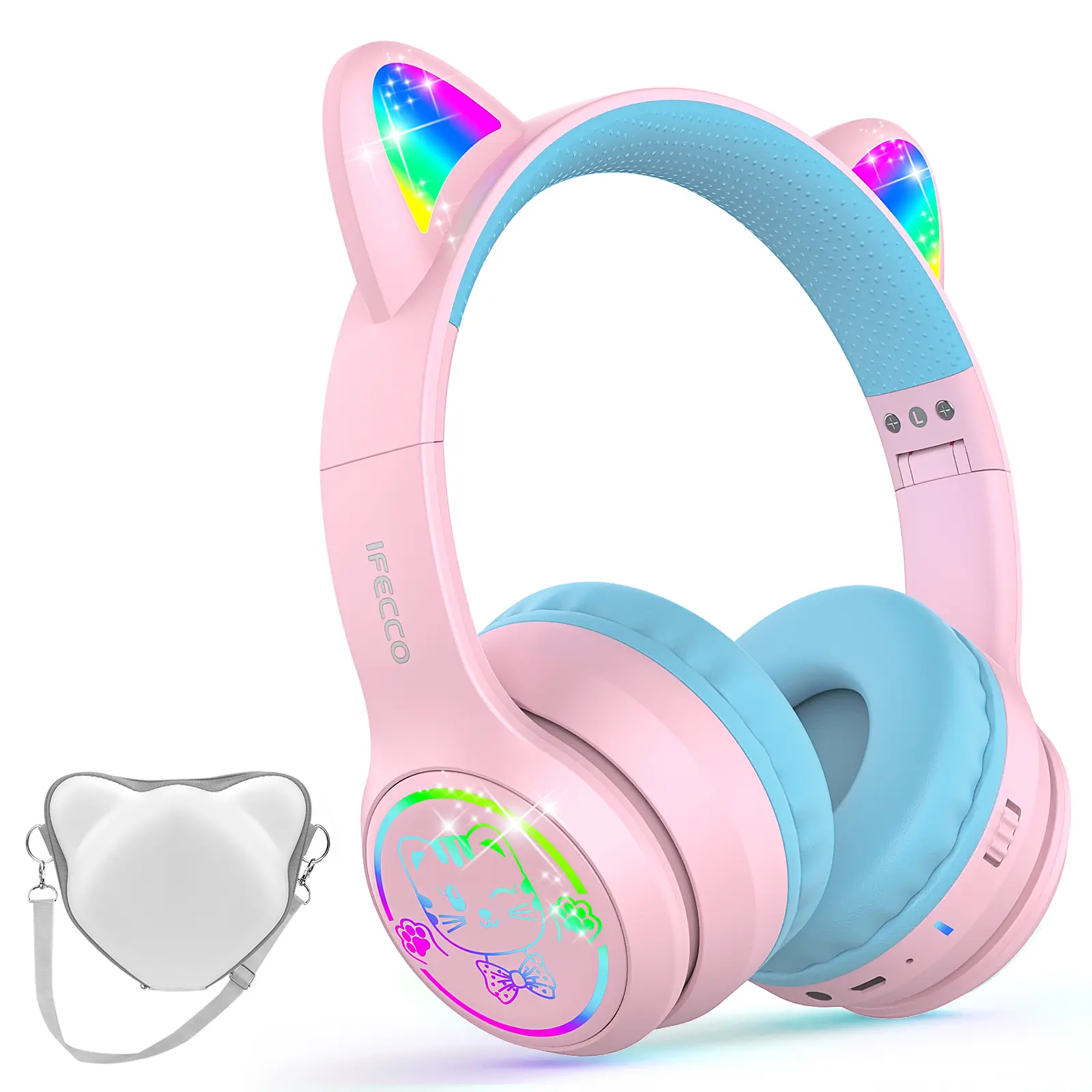 IFECCO Bluetooth Hearing Protection Headphones for Toddlers - Color-Changing LED Lights, Foldable, Adjustable, 3.5mm Wired Cable Jack, Volume Limit, 20kHz Memory-Protein Foam Earpads, Batteries, Cell/PC & Laptop Connection, Travel-School Ready, Hearing Pr