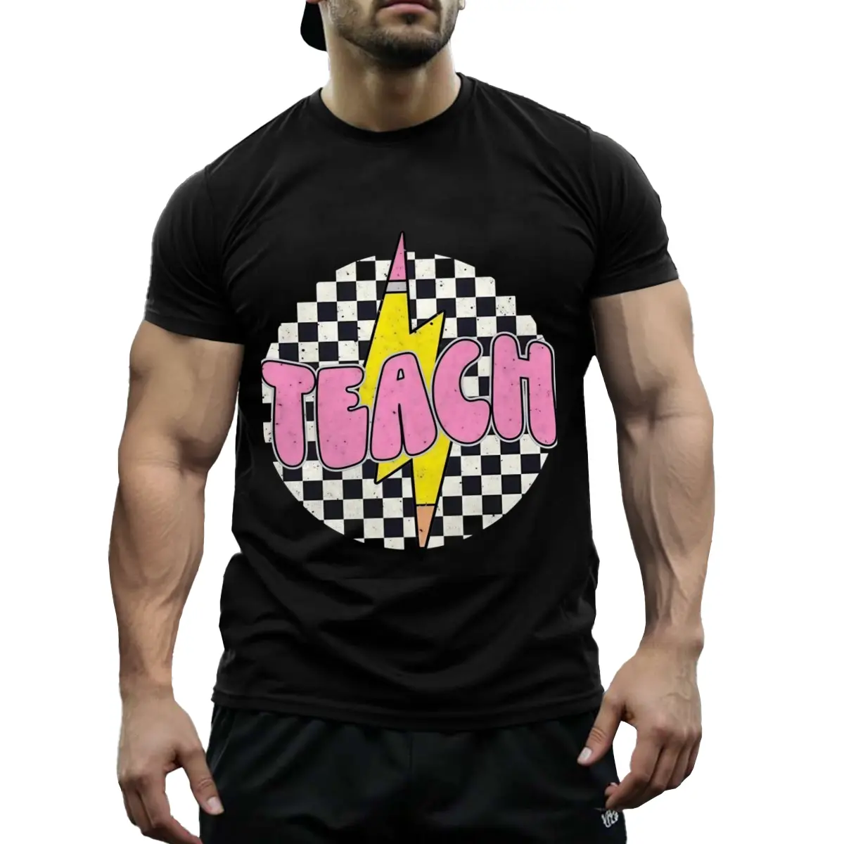 Women's Retro Teacher T-Shirt in Soft Breathable Cotton, Checkered Pencil & Lightning Bolt Graphic, Casual Short Sleeve Back to School Gift, Shortsleeve, Fashion, Round Neck, Tee, Back To School Haul, Gym, Clothes