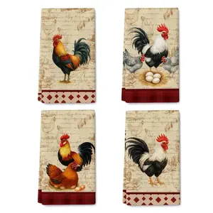 Chicken & Rooster Kitchen Towels Retro Farmhouse Dish Towels Set of 4, Absorbent Vintage Rustic Hand & Tea Towel, Rooster Kitchen Decor, Chicken Gifts for Women