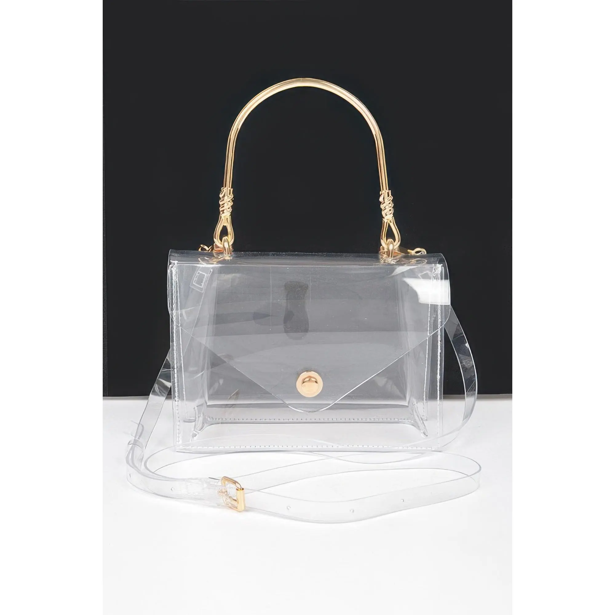 Polished Transparent Body Clutch with Mixed Metal Handle & Detachable Chain, Lightweight Structured PVC with Flap Closure for Daytime & Evening, Mixed Metals Jewelry, Daytime Brunch