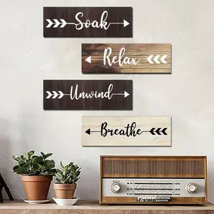 4 Piece Wooden Farmhouse Bathroom Wall Decor, Rustic Farmhouse Design, Relaxing Rest Breathing Sign, Rustic Wood Arrow Sign, Easy Install & Remove