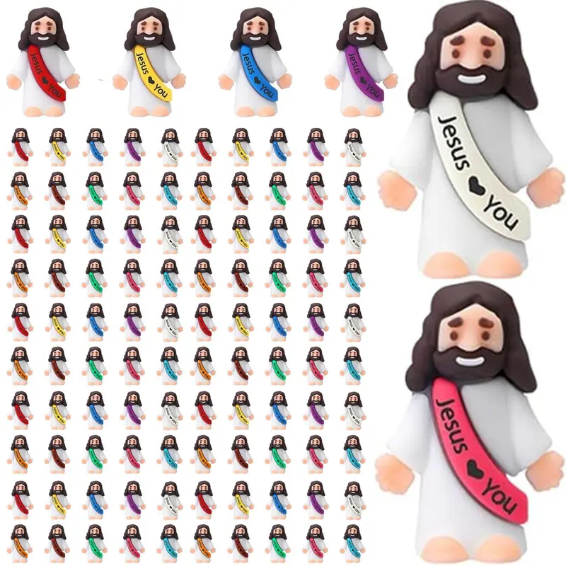 100PCS Mini Jesus Figures Multicolor Original Design Jesus Loves You Little Christ Rubber Hide and Seek Toys Religious Gifts Easter Egg Stuffers Christmas Sunday School Baptism Party Favors