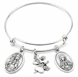 Sacred Heart Bracelet – Jesus, Mary & Sacred Heart Charm Bangle | Catholic Gift