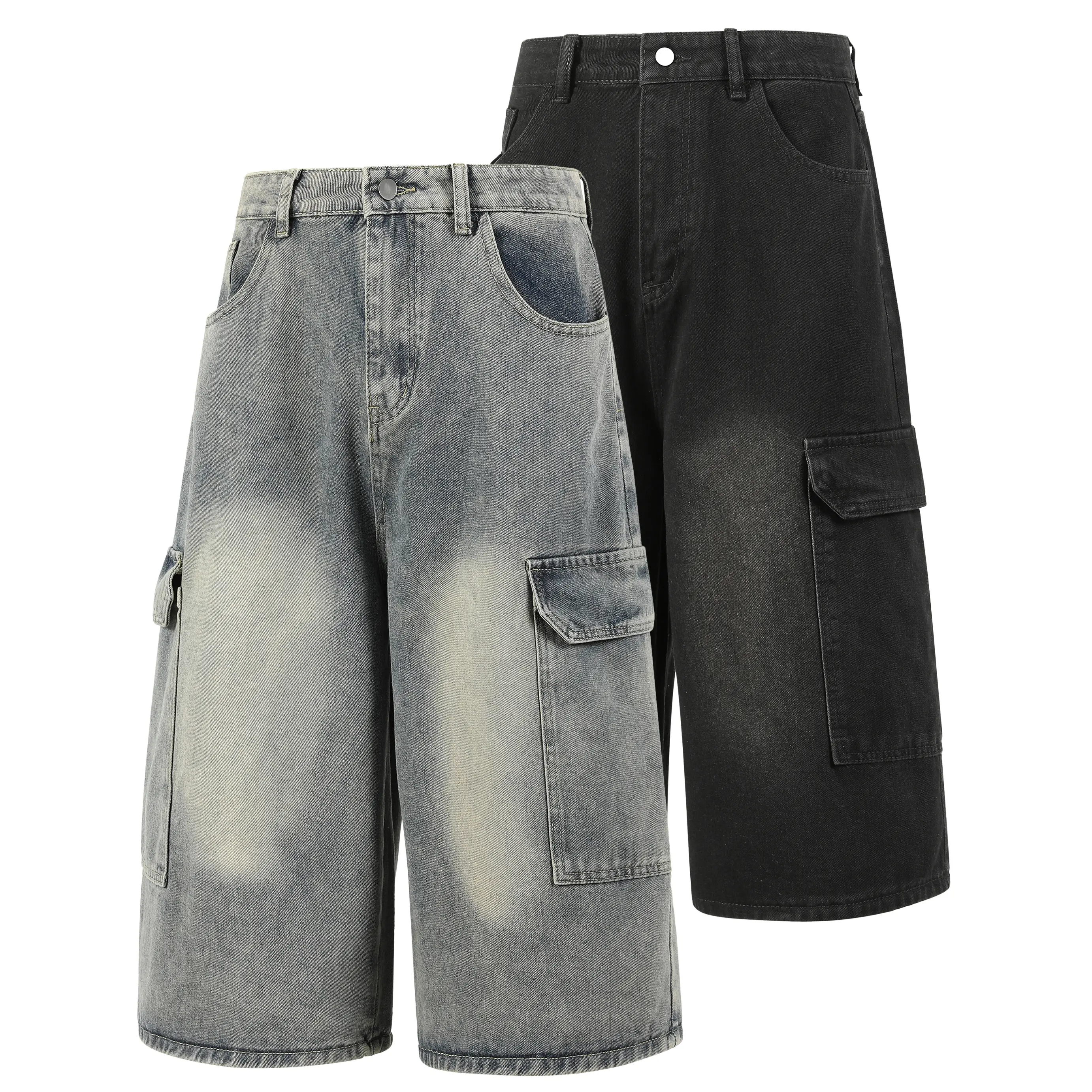 Men’s loose vintage washed gray cotton cargo jeans — menswear, plain casual fashion bottoms with frayed hem, cropped streetwear jeans