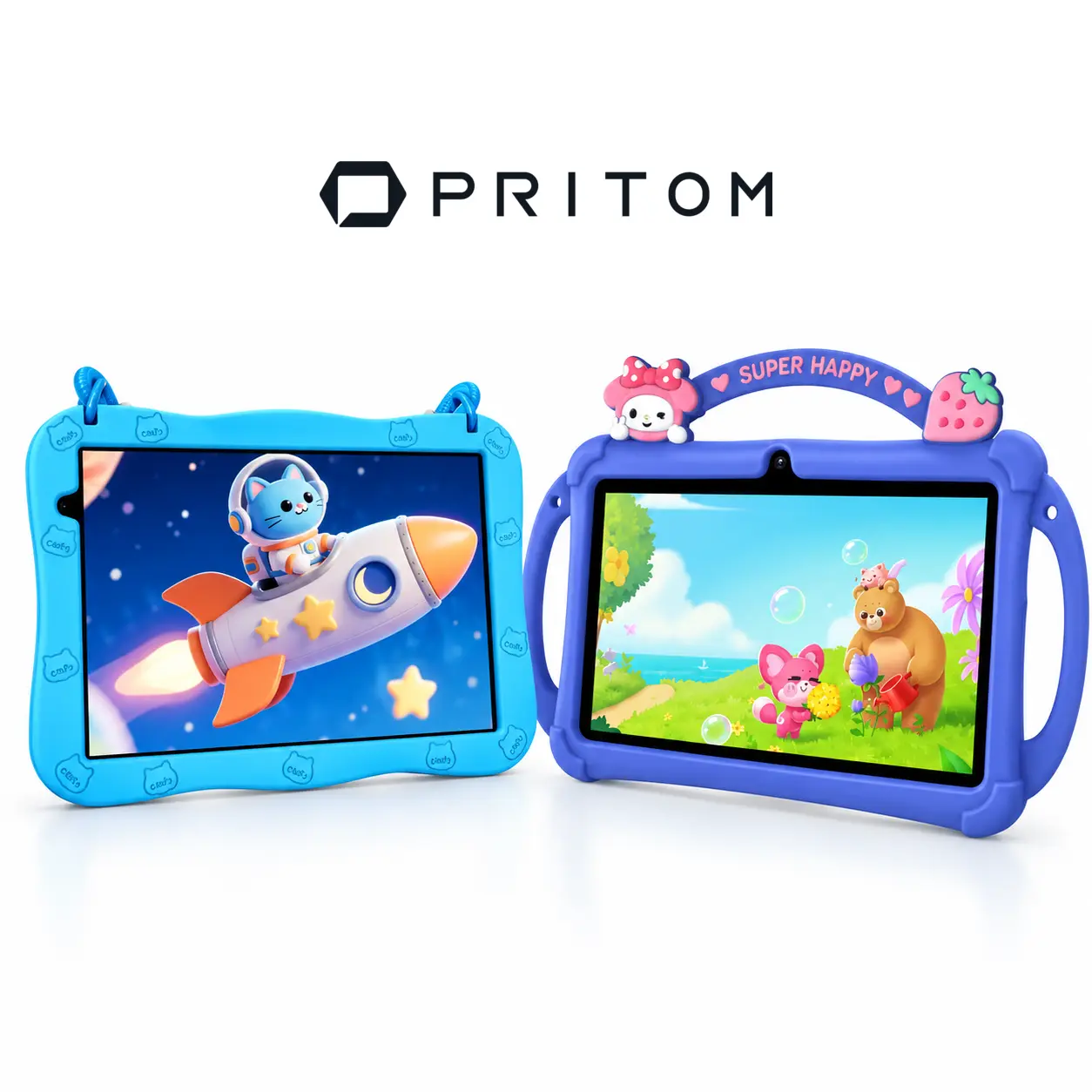 PRITOM Kids Tablet Bundle 10 Inch and 7 Inch Android Tablets 8GB Memory 32GB Storage WiFi 6 Dual Camera 6000mAh Battery Protective Silicone Cases Educational Apps Animal Flash Cards for Boys and Girls